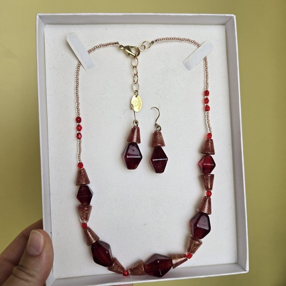 Millefiori Brand‎ Short necklace Earring Set Red Beads